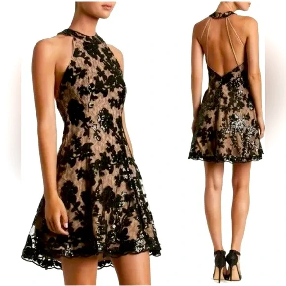 Dress the Population Black and Tan Sequin Halter Mini Dress - Picture 2 of 7